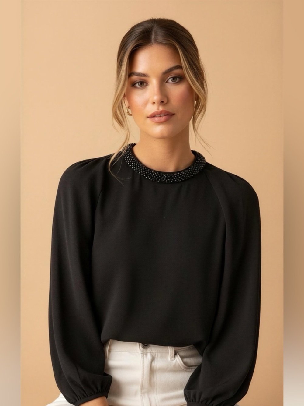 Orsay Long Sheer Sleeves Blouse with Embellished Neckline Size M